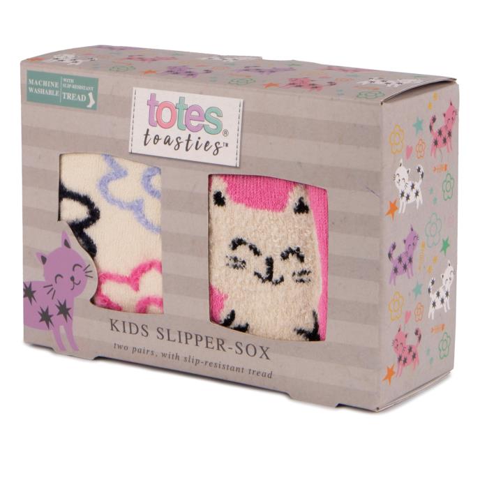 totes toasties® Kids Original Slipper-Sox (Twin Pack) Cat With Flower Extra Image 1